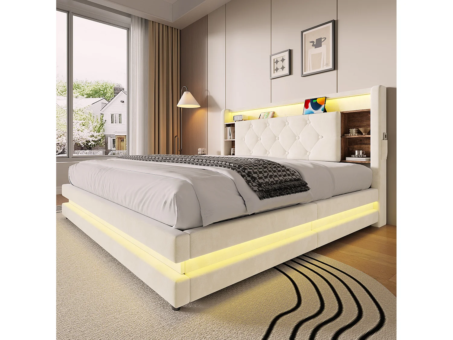 Bettkastenbett 140x200 cm aus beigem Velours, LED-Kopfteil mit USB- und USB-C-Anschlüssen, offene Regale, ohne Matratze