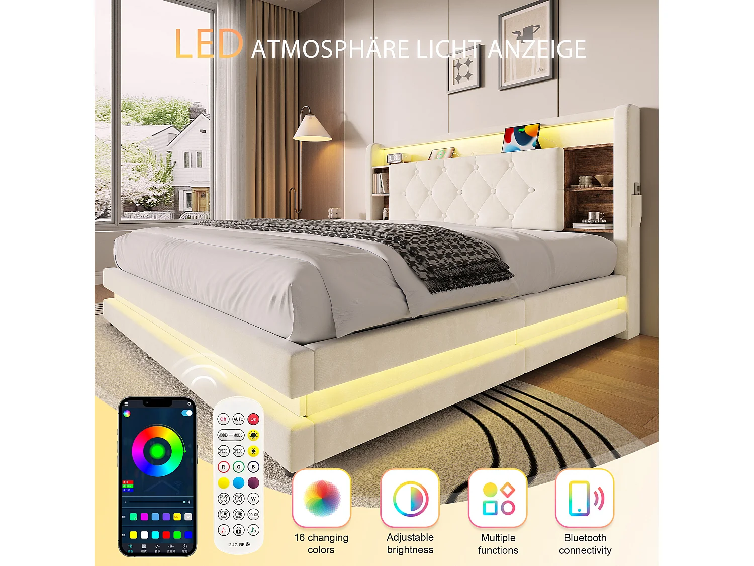 Bettkastenbett 140x200 cm aus beigem Velours, LED-Kopfteil mit USB- und USB-C-Anschlüssen, offene Regale, ohne Matratze