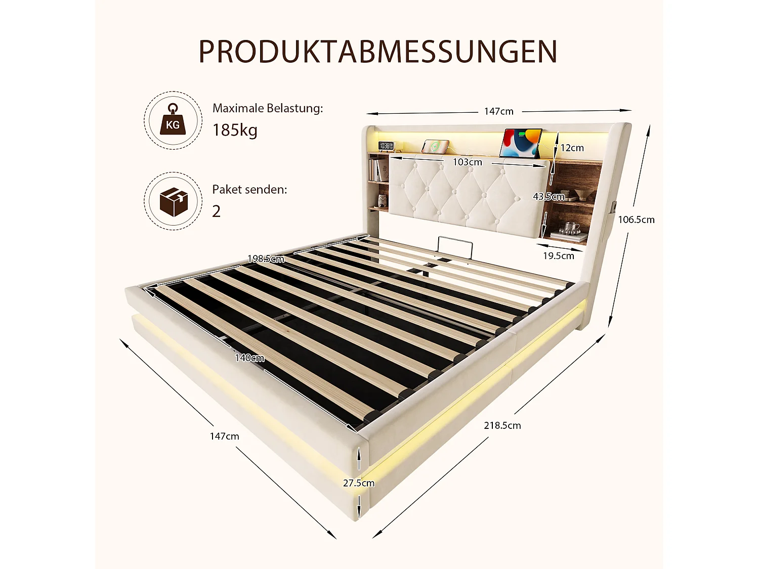 Bettkastenbett 140x200 cm aus beigem Velours, LED-Kopfteil mit USB- und USB-C-Anschlüssen, offene Regale, ohne Matratze