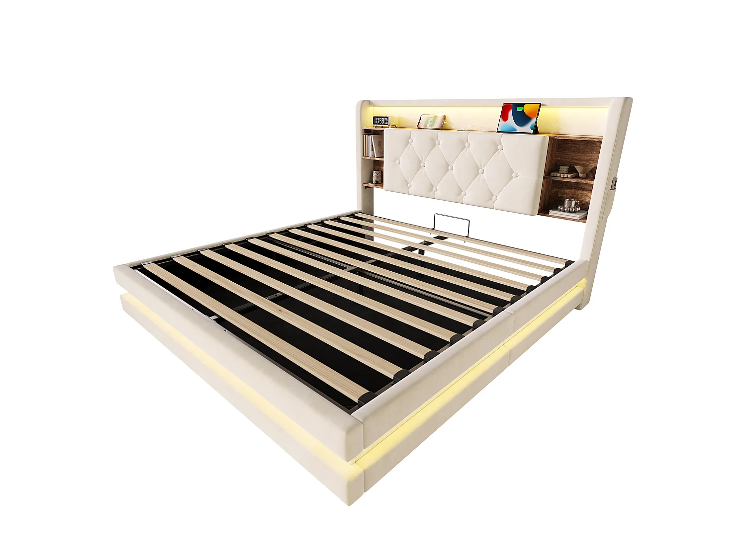 Bettkastenbett 140x200 cm aus beigem Velours, LED-Kopfteil mit USB- und USB-C-Anschlüssen, offene Regale, ohne Matratze