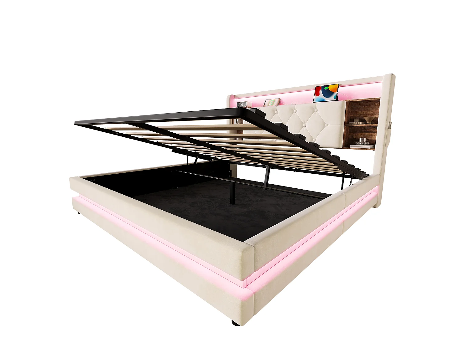 Bettkastenbett 140x200 cm aus beigem Velours, LED-Kopfteil mit USB- und USB-C-Anschlüssen, offene Regale, ohne Matratze