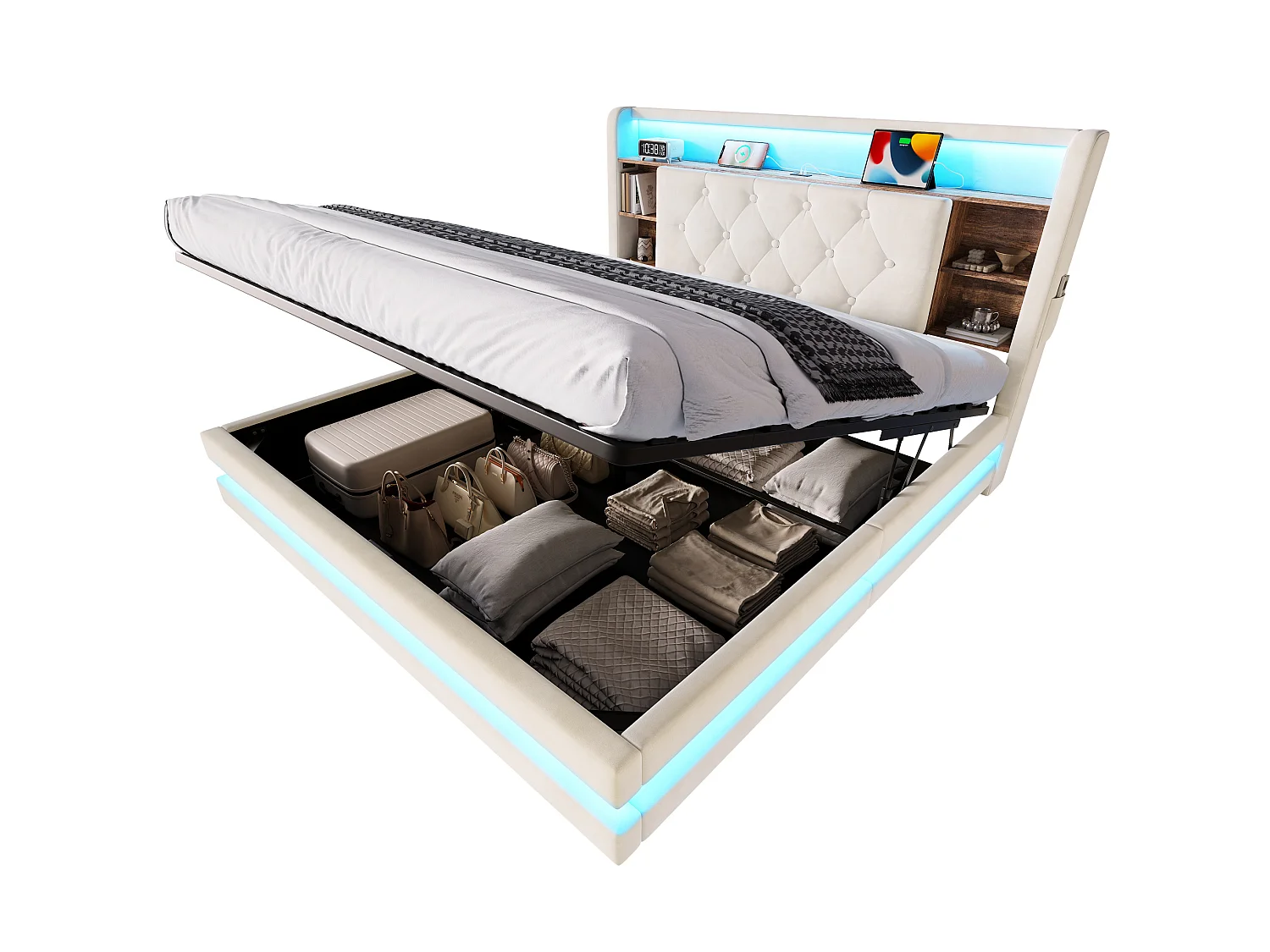 Bettkastenbett 140x200 cm aus beigem Velours, LED-Kopfteil mit USB- und USB-C-Anschlüssen, offene Regale, ohne Matratze