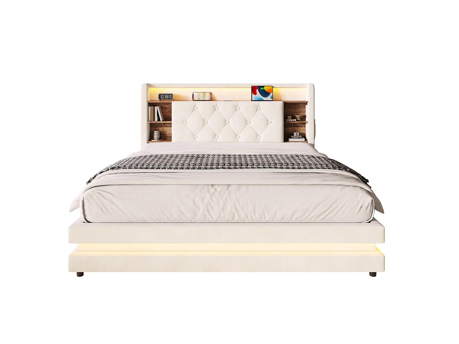 Bettkastenbett 140x200 cm aus beigem Velours, LED-Kopfteil mit USB- und USB-C-Anschlüssen, offene Regale, ohne Matratze
