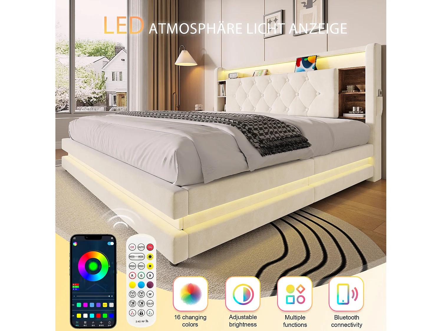 Bettkastenbett 180x200 cm aus beigem Velours, LED-Kopfteil mit USB- und USB-C-Anschlüssen, offene Regale, Lattenrost, ohne Matratze