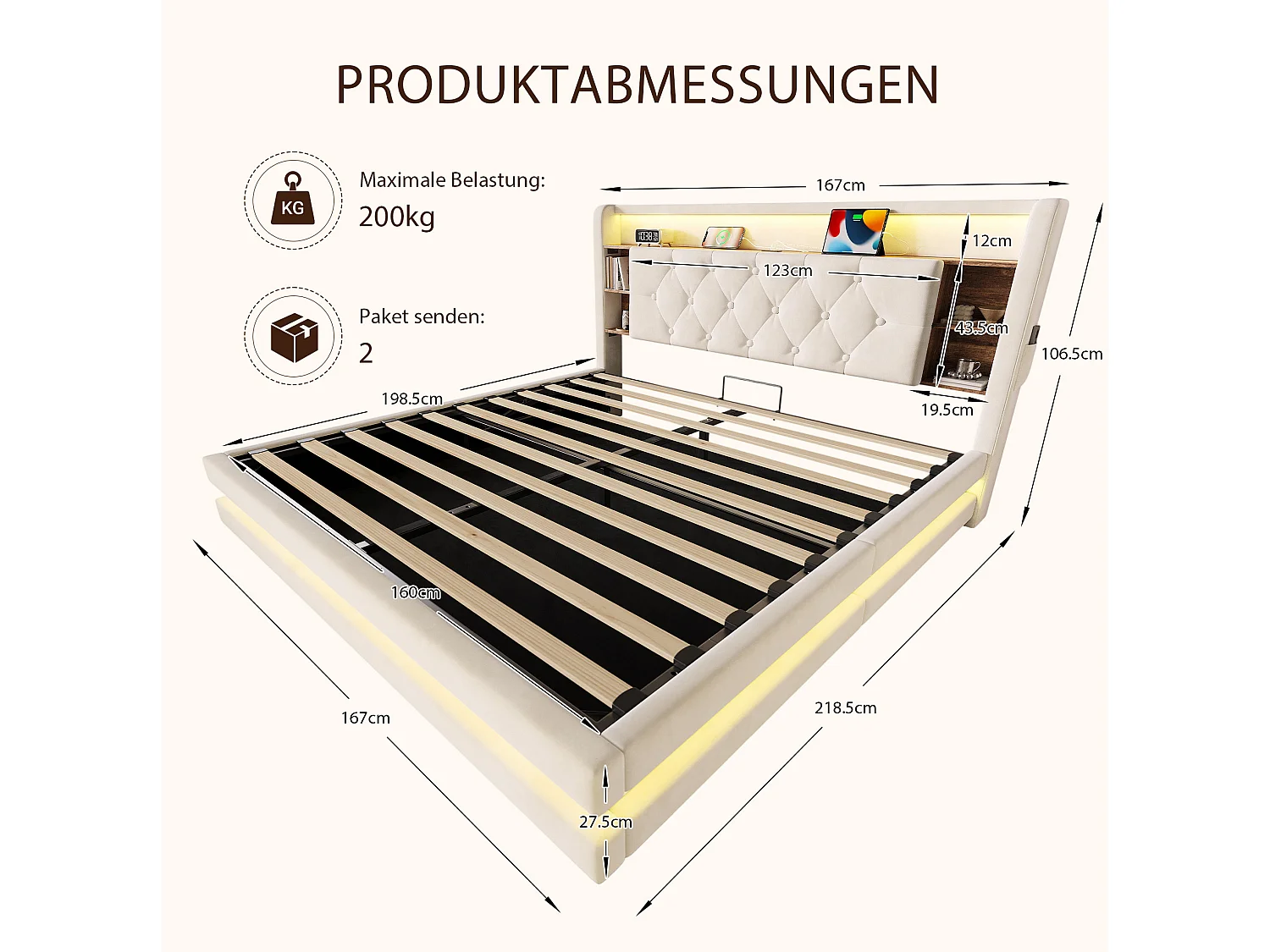 Bettkastenbett 180x200 cm aus beigem Velours, LED-Kopfteil mit USB- und USB-C-Anschlüssen, offene Regale, Lattenrost, ohne Matratze
