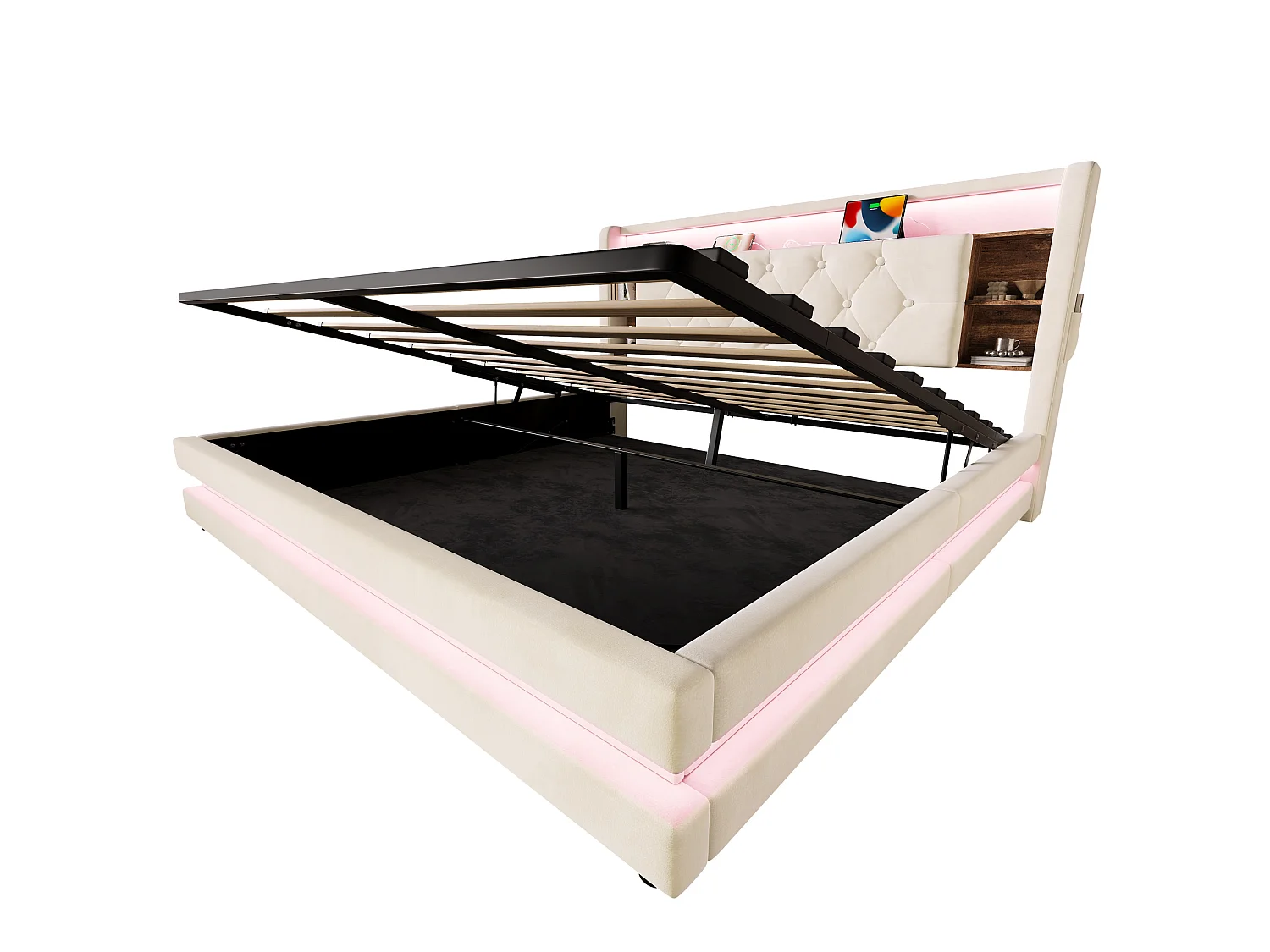 Bettkastenbett 180x200 cm aus beigem Velours, LED-Kopfteil mit USB- und USB-C-Anschlüssen, offene Regale, Lattenrost, ohne Matratze