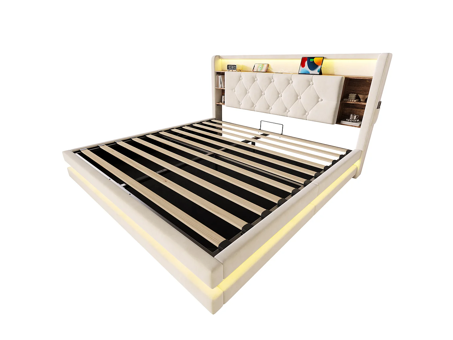 Bettkastenbett 180x200 cm aus beigem Velours, LED-Kopfteil mit USB- und USB-C-Anschlüssen, offene Regale, Lattenrost, ohne Matratze