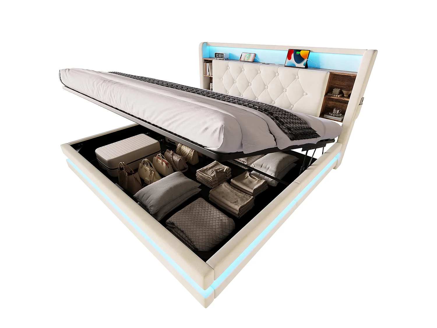 Bettkastenbett 180x200 cm aus beigem Velours, LED-Kopfteil mit USB- und USB-C-Anschlüssen, offene Regale, Lattenrost, ohne Matratze