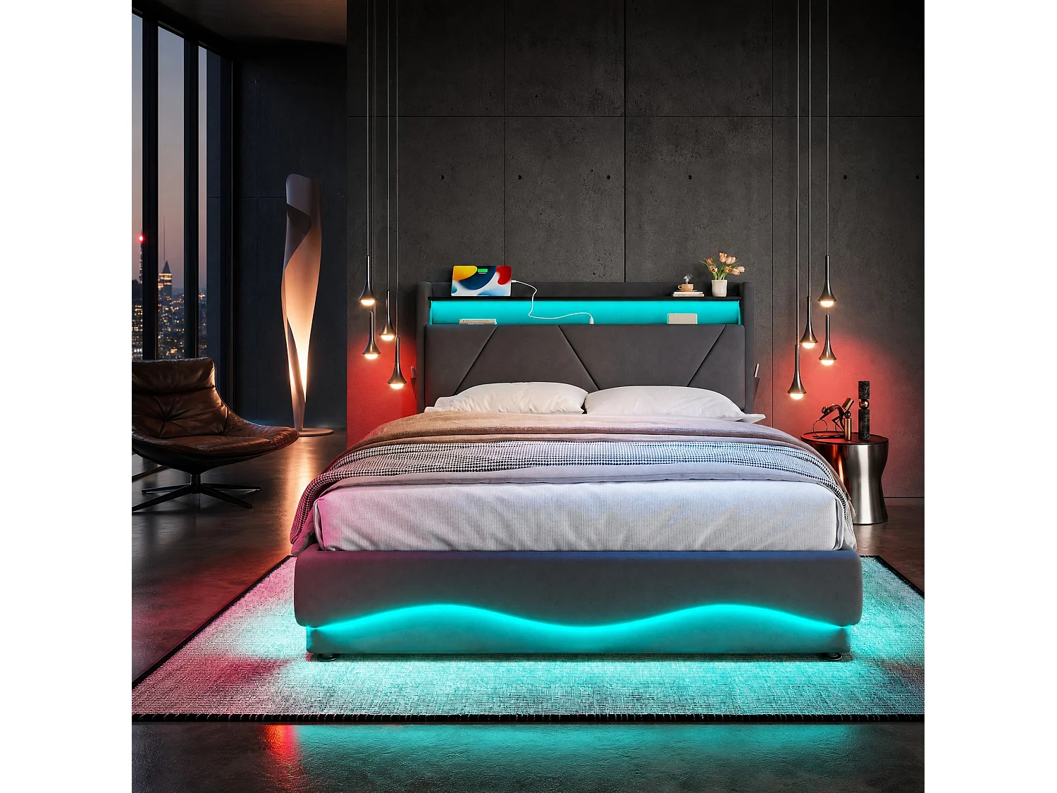 Bettkastenbett 160x200 cm, dunkelgraues Velours, LED, Lattenrost mit Hydraulik, USB & USB-C, ohne Matratze