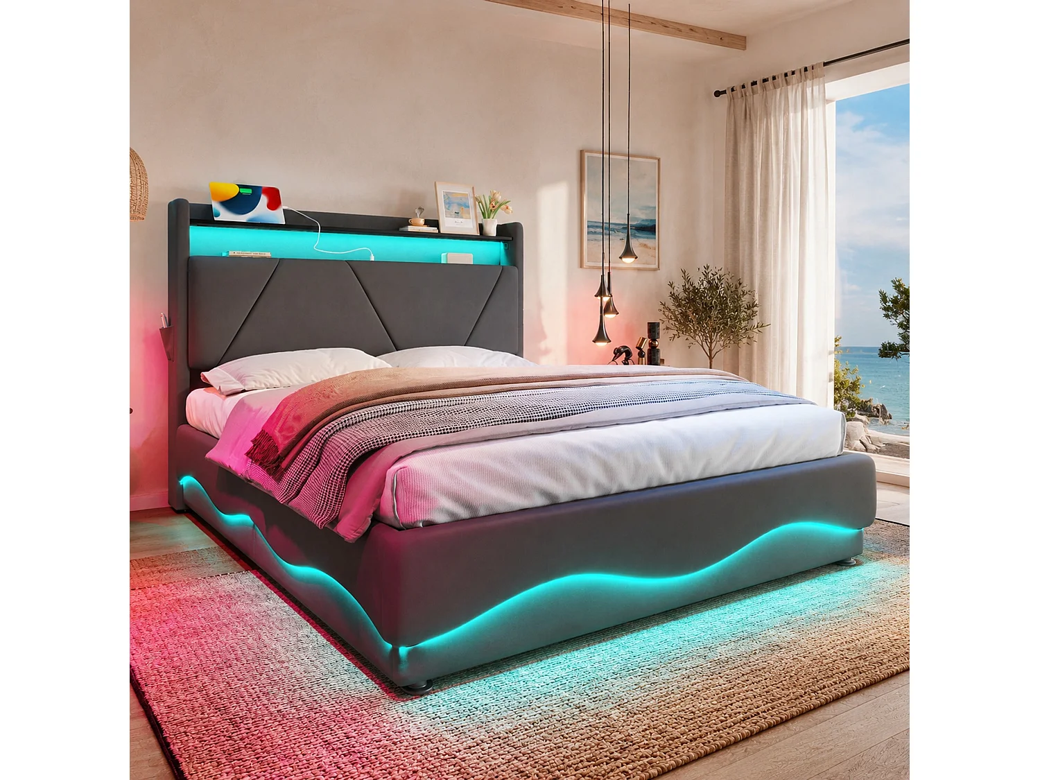 Bettkastenbett 160x200 cm, dunkelgraues Velours, LED, Lattenrost mit Hydraulik, USB & USB-C, ohne Matratze