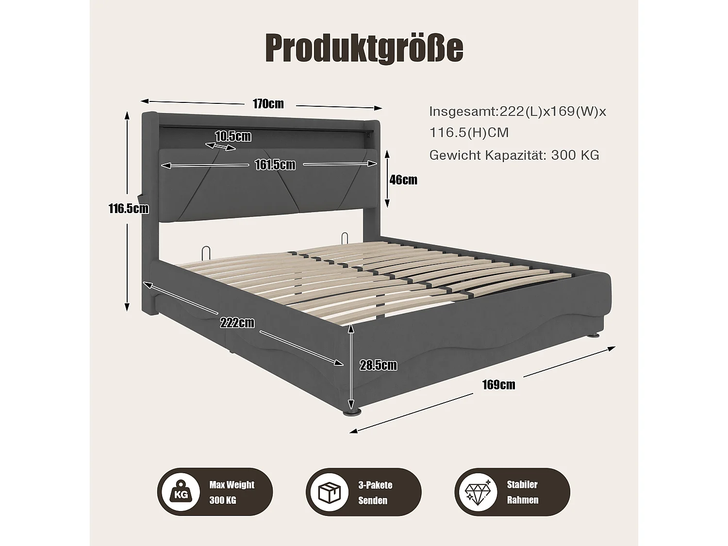 Bettkastenbett 160x200 cm, dunkelgraues Velours, LED, Lattenrost mit Hydraulik, USB & USB-C, ohne Matratze