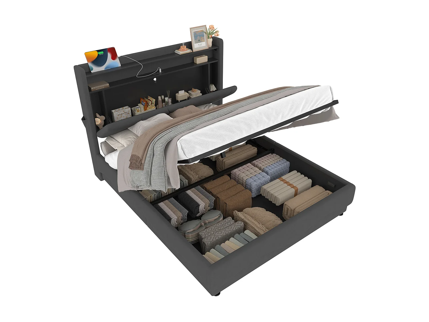 Bettkastenbett 160x200 cm, dunkelgraues Velours, LED, Lattenrost mit Hydraulik, USB & USB-C, ohne Matratze