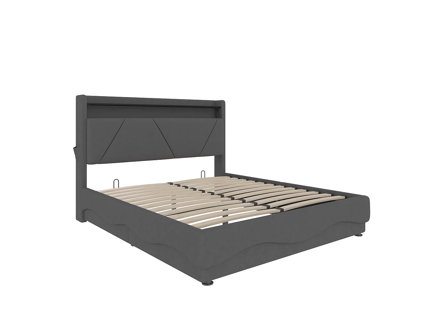 Bettkastenbett 160x200 cm, dunkelgraues Velours, LED, Lattenrost mit Hydraulik, USB & USB-C, ohne Matratze