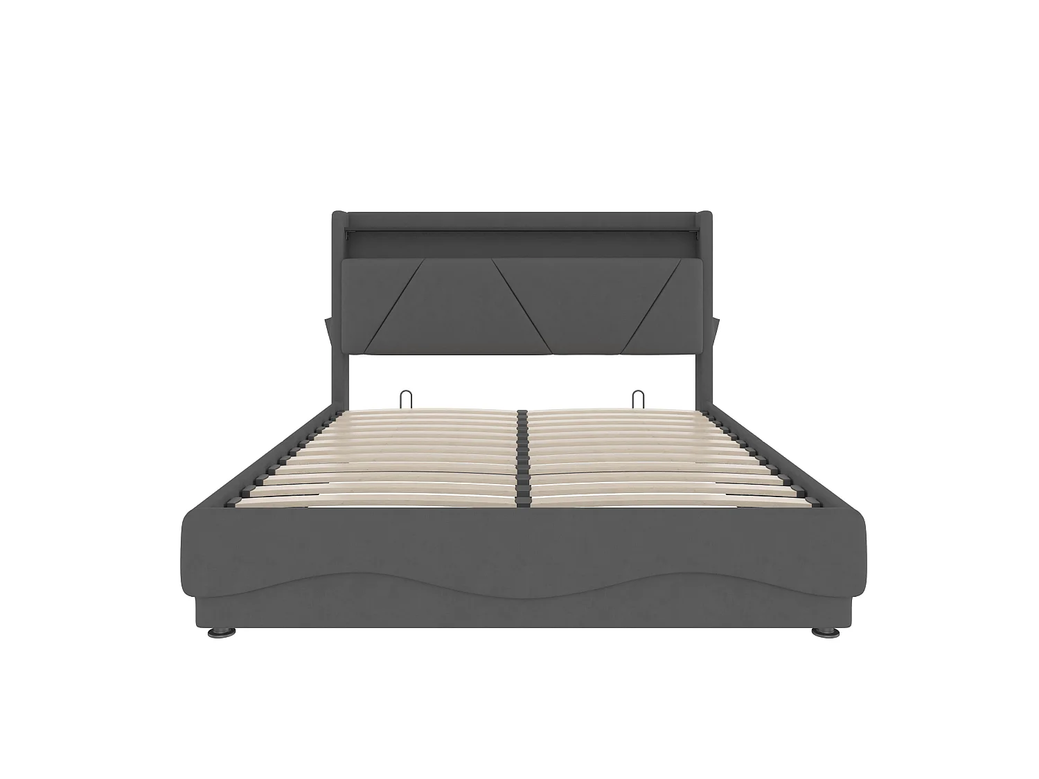 Bettkastenbett 160x200 cm, dunkelgraues Velours, LED, Lattenrost mit Hydraulik, USB & USB-C, ohne Matratze