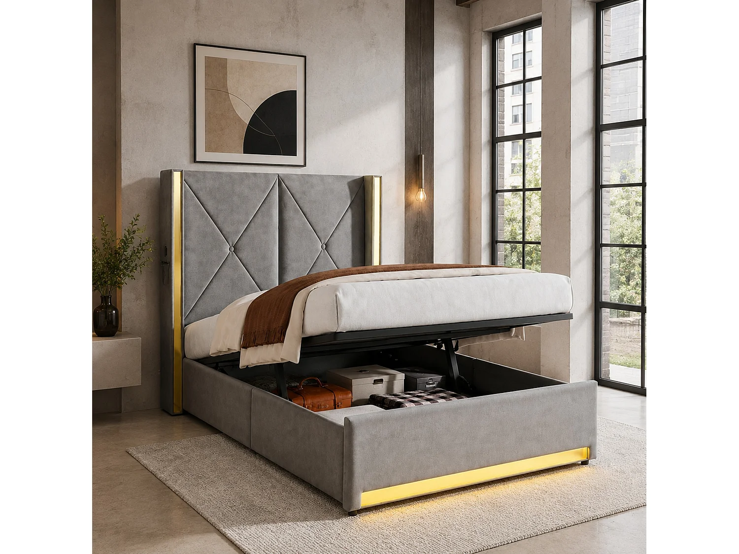 Bettkastenbett 90x200 cm aus dunkelgrauem Velours, hohes LED-Kopfteil, USB- und USB-C-Anschluss sowie Seitentaschen, ohne Matratze