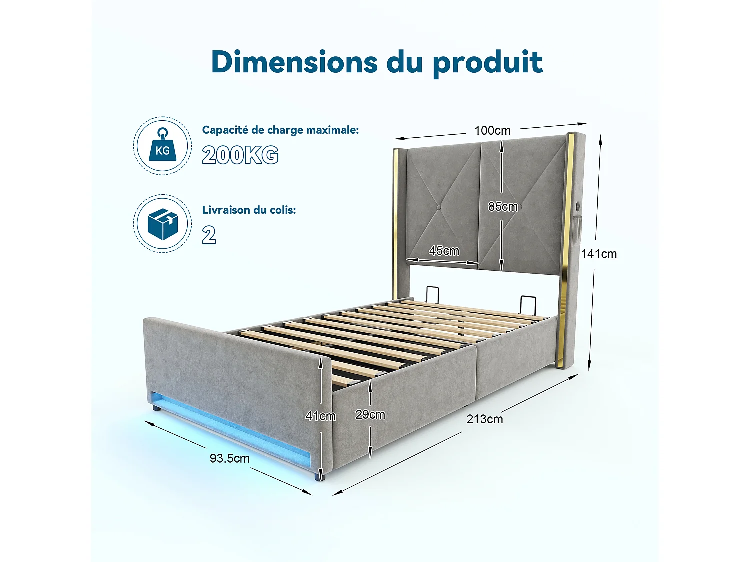 Bettkastenbett 90x200 cm aus dunkelgrauem Velours, hohes LED-Kopfteil, USB- und USB-C-Anschluss sowie Seitentaschen, ohne Matratze