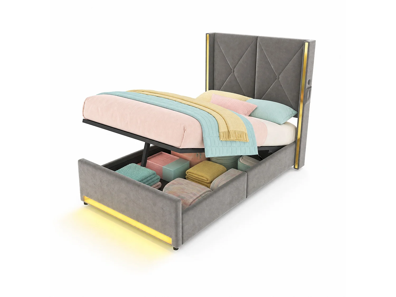 Bettkastenbett 90x200 cm aus dunkelgrauem Velours, hohes LED-Kopfteil, USB- und USB-C-Anschluss sowie Seitentaschen, ohne Matratze