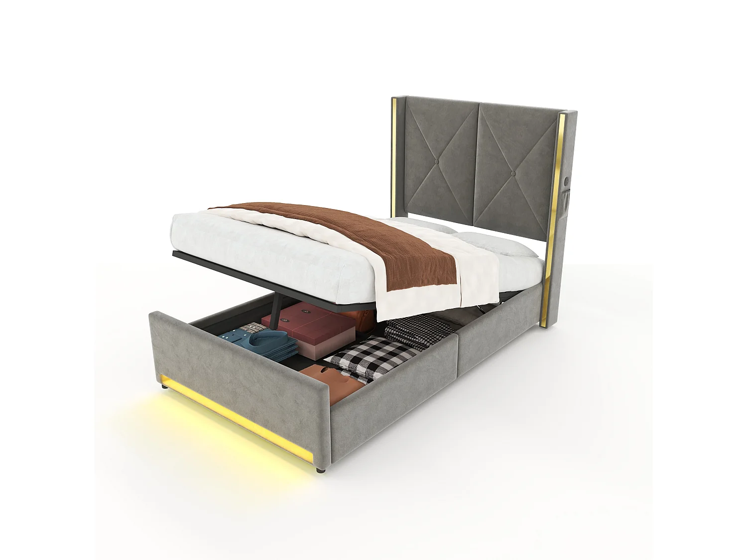 Bettkastenbett 90x200 cm aus dunkelgrauem Velours, hohes LED-Kopfteil, USB- und USB-C-Anschluss sowie Seitentaschen, ohne Matratze