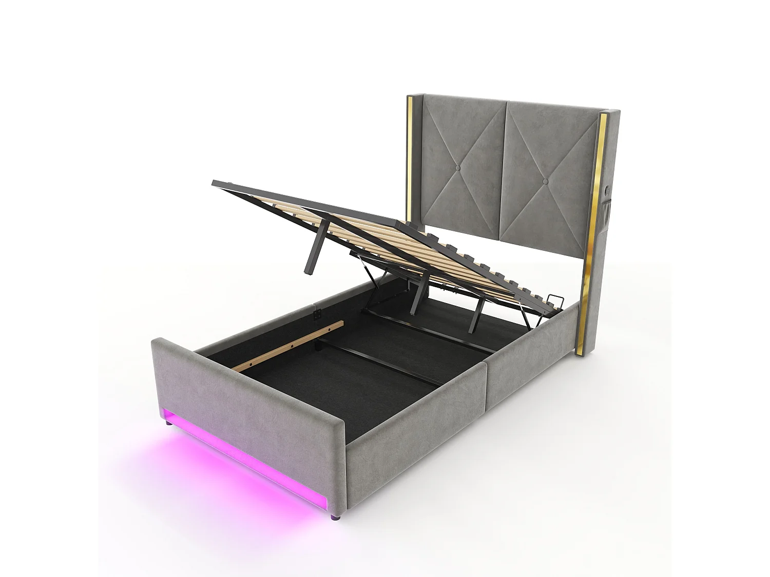 Bettkastenbett 90x200 cm aus dunkelgrauem Velours, hohes LED-Kopfteil, USB- und USB-C-Anschluss sowie Seitentaschen, ohne Matratze
