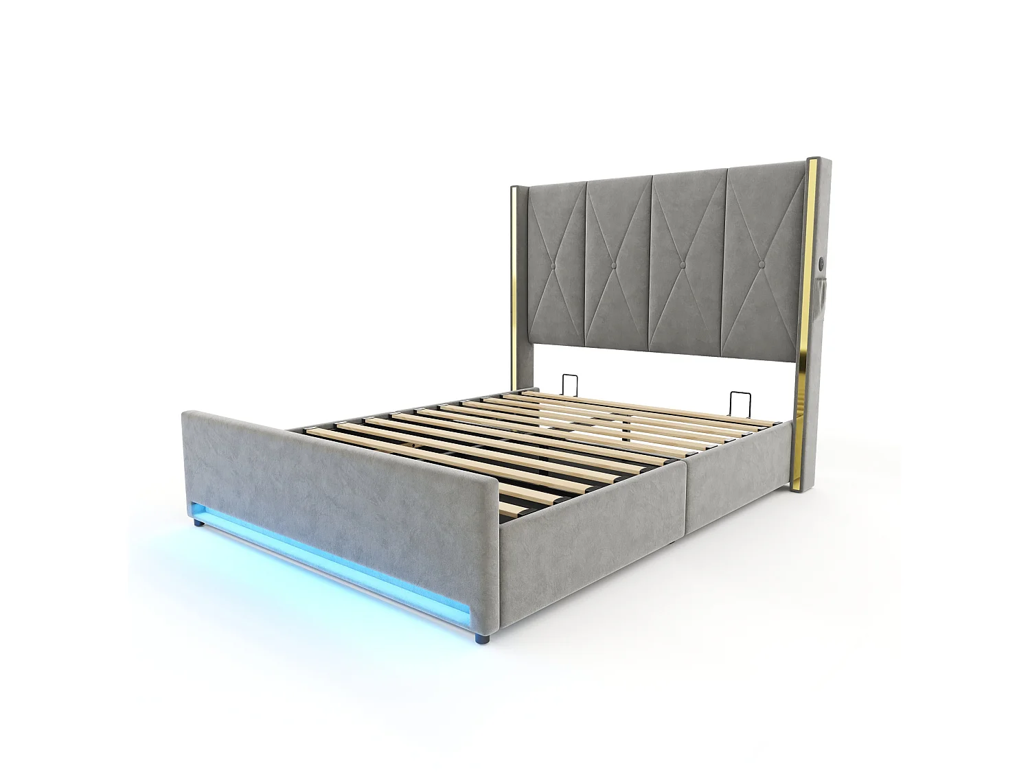 Bettkastenbett 90x200 cm aus dunkelgrauem Velours, hohes LED-Kopfteil, USB- und USB-C-Anschluss sowie Seitentaschen, ohne Matratze