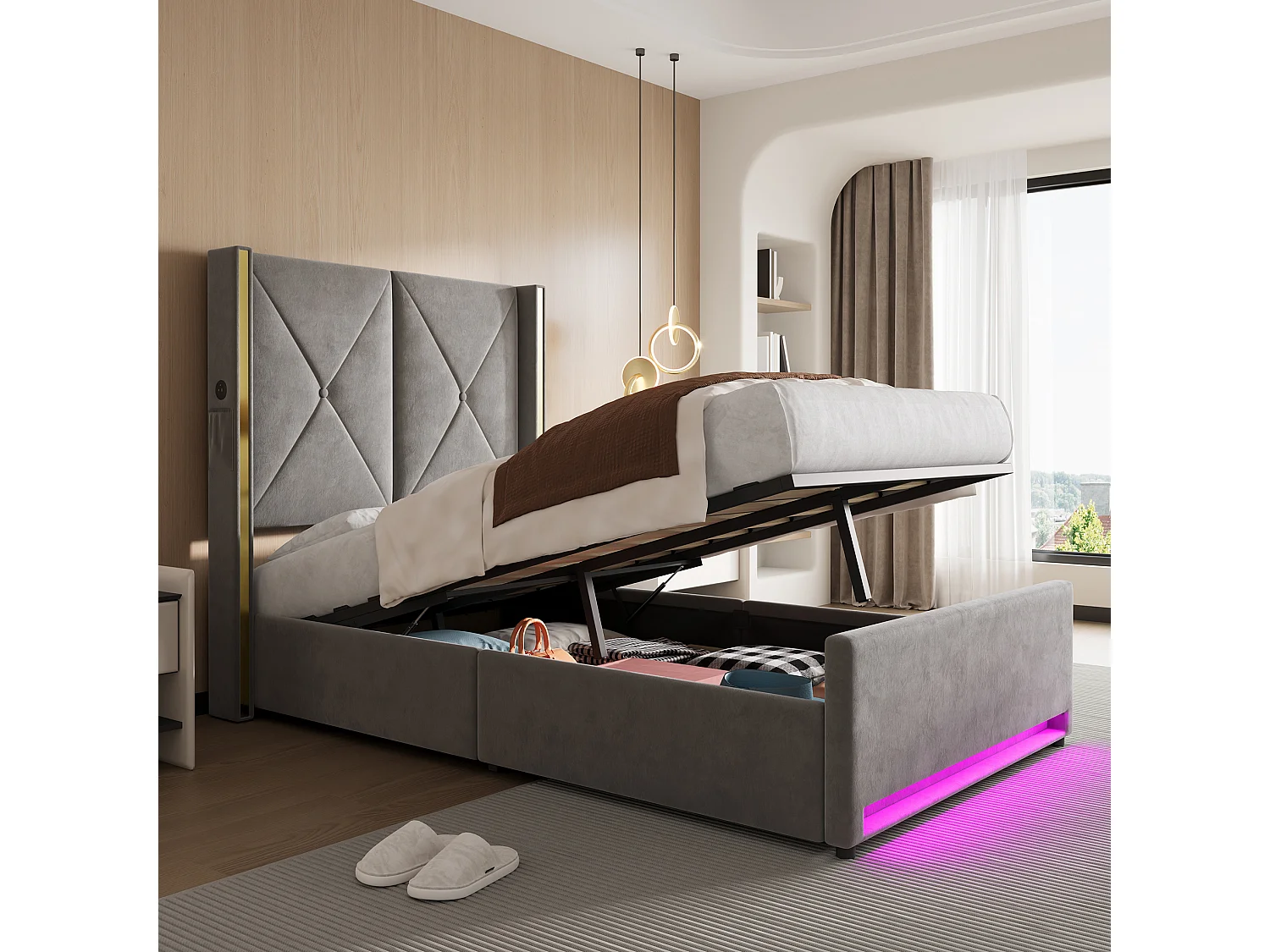 Bettkastenbett 90x200 cm aus dunkelgrauem Velours, hohes LED-Kopfteil, USB- und USB-C-Anschluss sowie Seitentaschen, ohne Matratze
