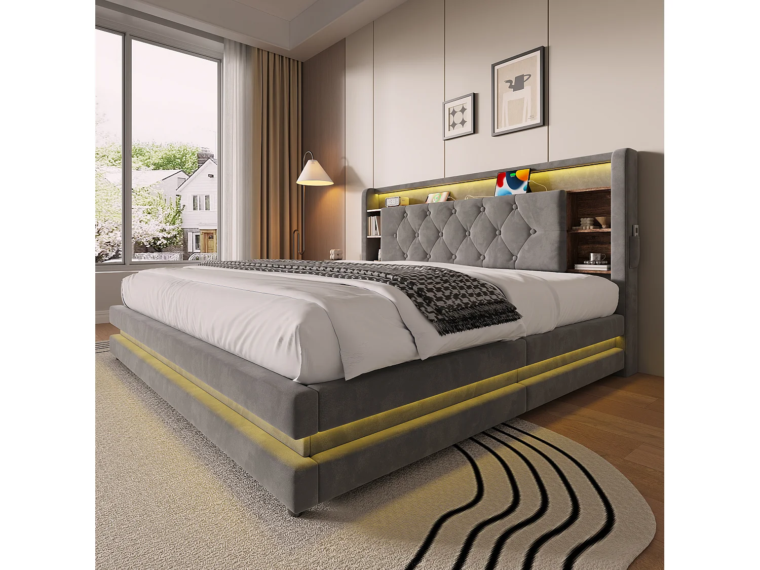 Bettkastenbett 160x200 cm aus dunkelgrauem Velours, LED mit USB- und USB-C-Anschlüssen, offene Regale, Lattenrost, ohne Matratze