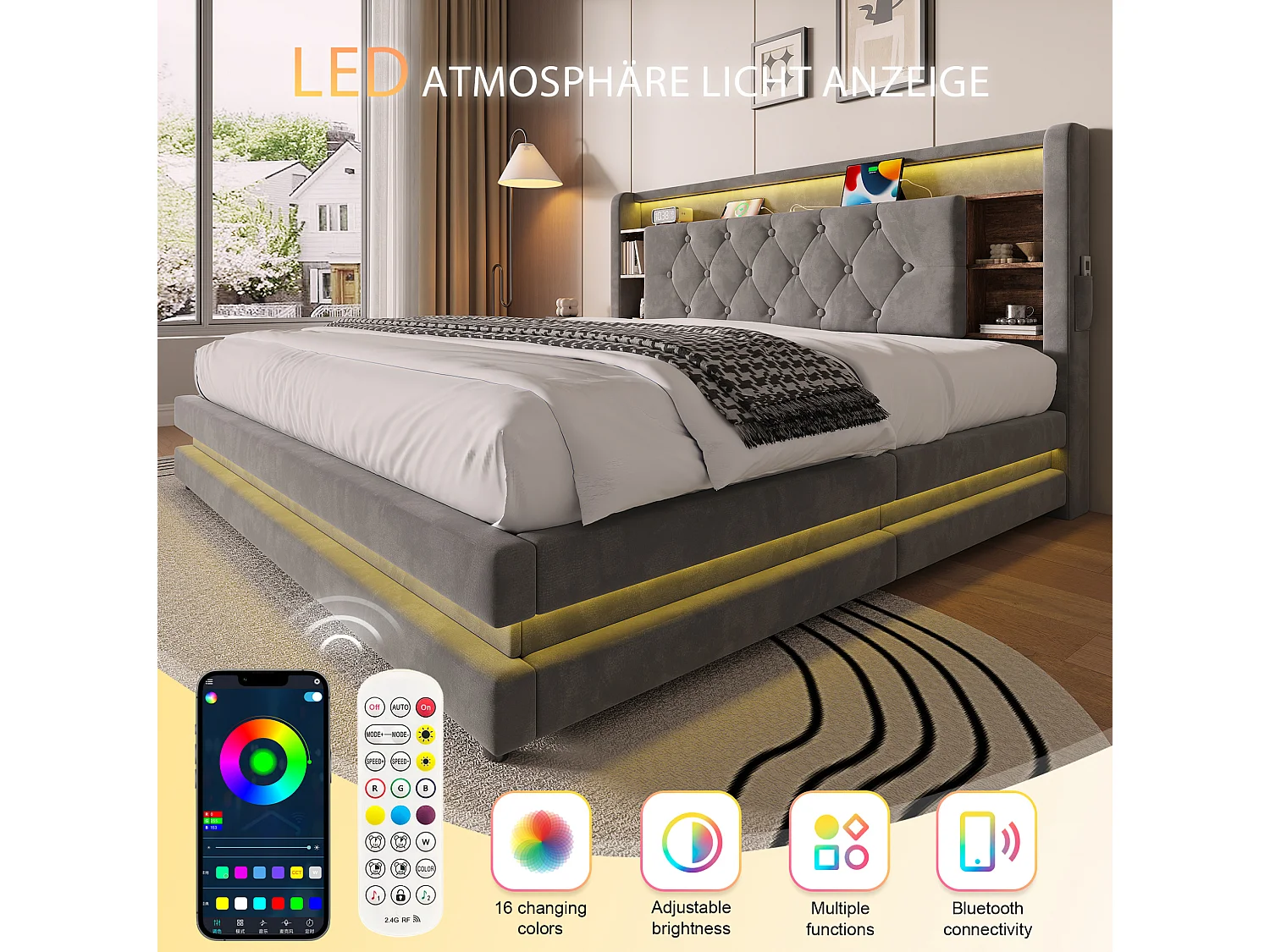 Bettkastenbett 160x200 cm aus dunkelgrauem Velours, LED mit USB- und USB-C-Anschlüssen, offene Regale, Lattenrost, ohne Matratze