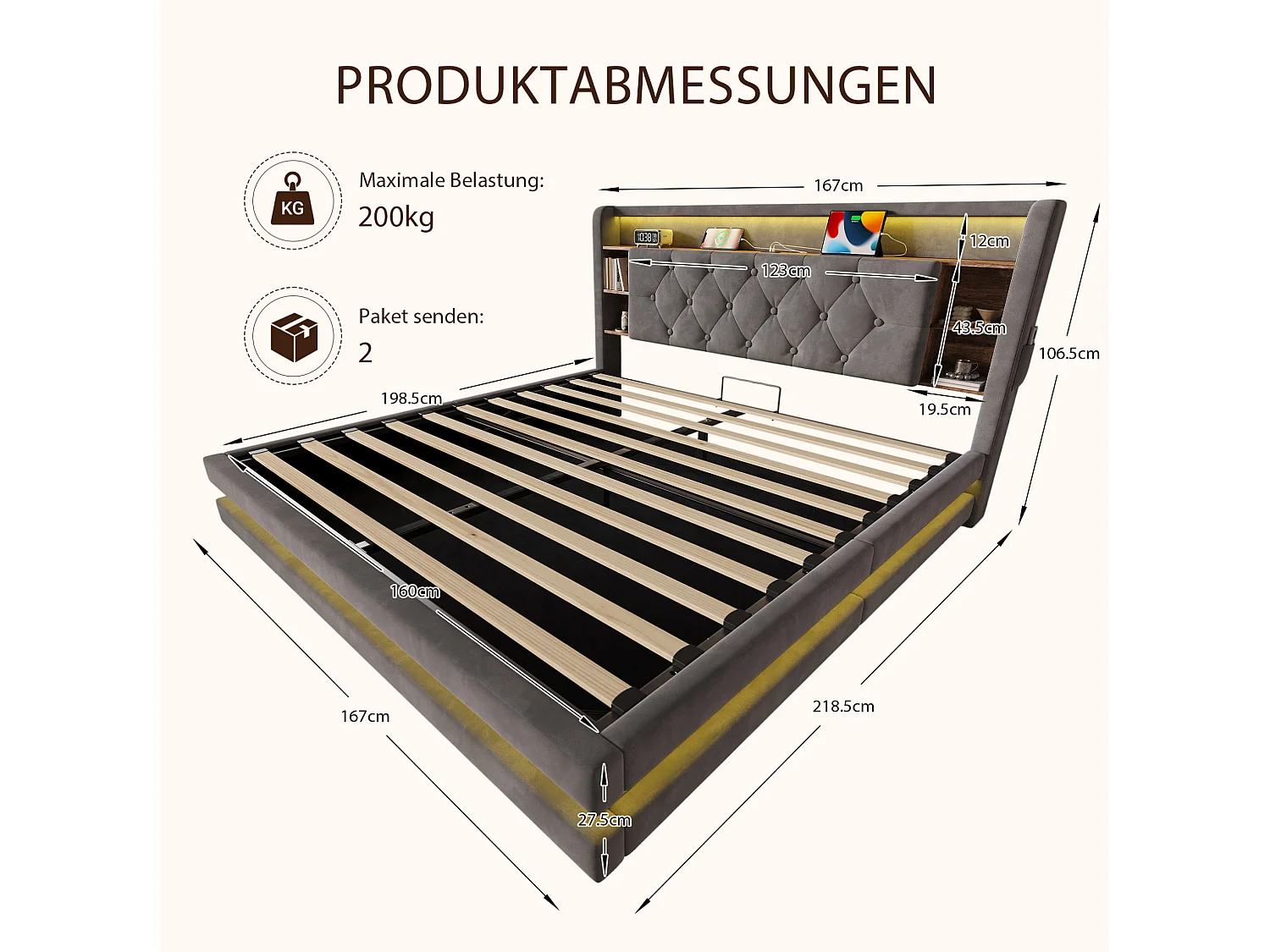 Bettkastenbett 160x200 cm aus dunkelgrauem Velours, LED mit USB- und USB-C-Anschlüssen, offene Regale, Lattenrost, ohne Matratze