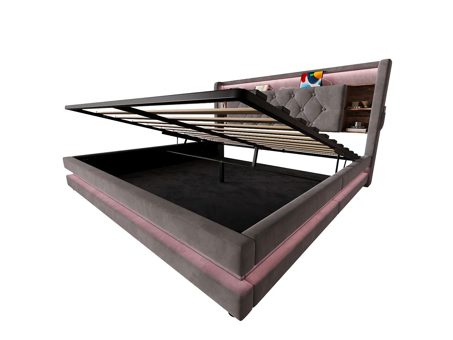 Bettkastenbett 160x200 cm aus dunkelgrauem Velours, LED mit USB- und USB-C-Anschlüssen, offene Regale, Lattenrost, ohne Matratze