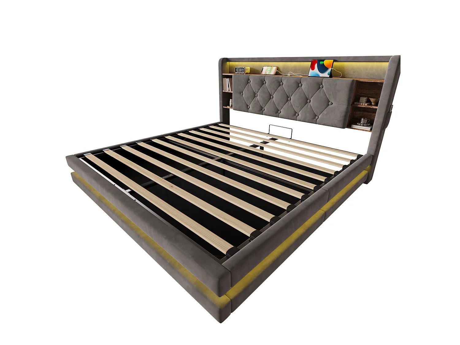 Bettkastenbett 160x200 cm aus dunkelgrauem Velours, LED mit USB- und USB-C-Anschlüssen, offene Regale, Lattenrost, ohne Matratze