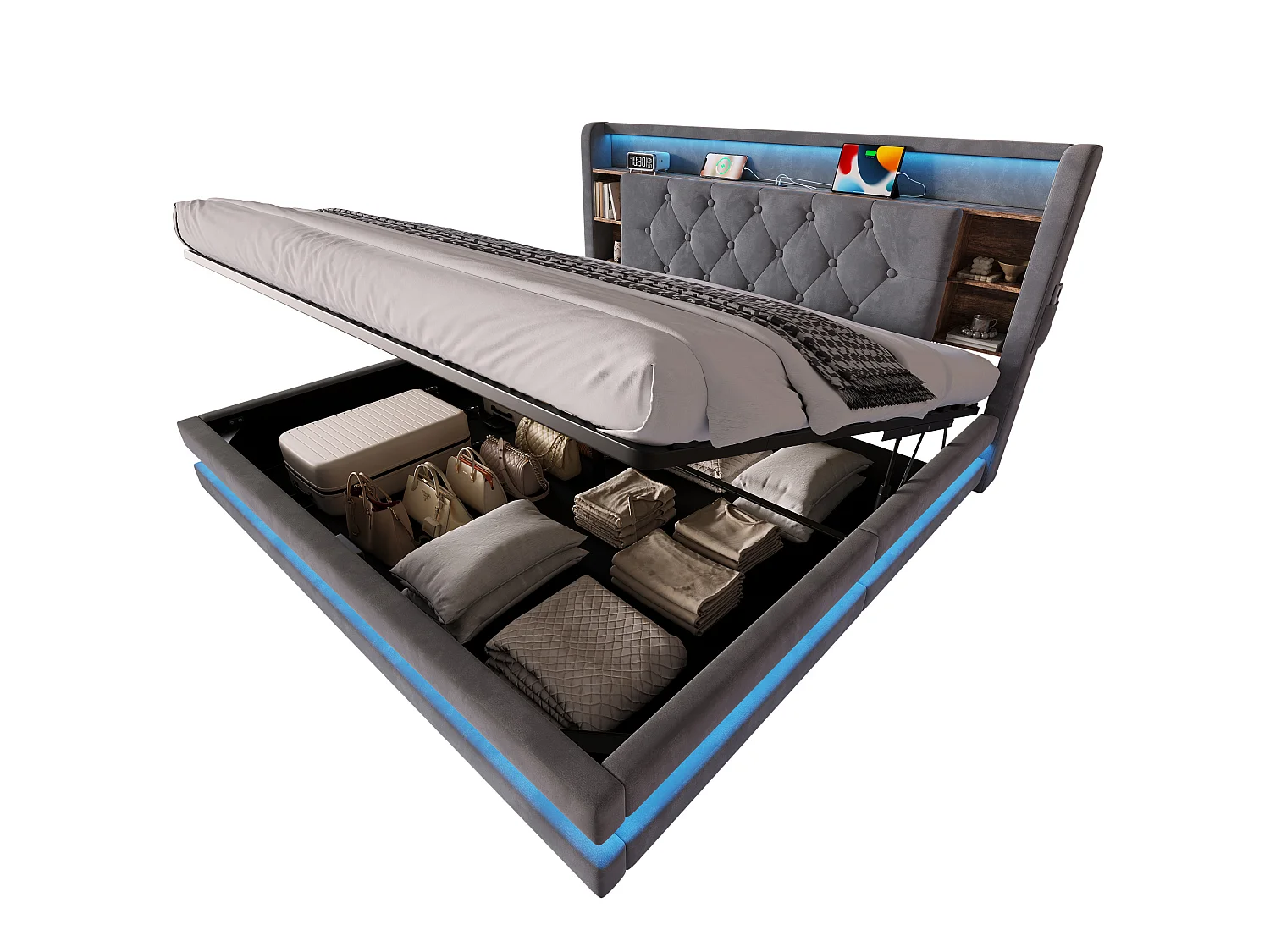 Bettkastenbett 160x200 cm aus dunkelgrauem Velours, LED mit USB- und USB-C-Anschlüssen, offene Regale, Lattenrost, ohne Matratze