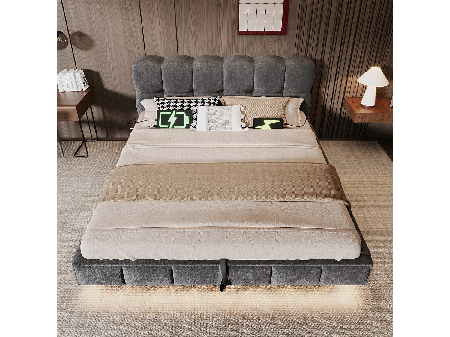 Lit coffre suspendu 140x190 cm en chenille gris avec rangement hydraulique, LED, ports USB et USB-C, sans matelas