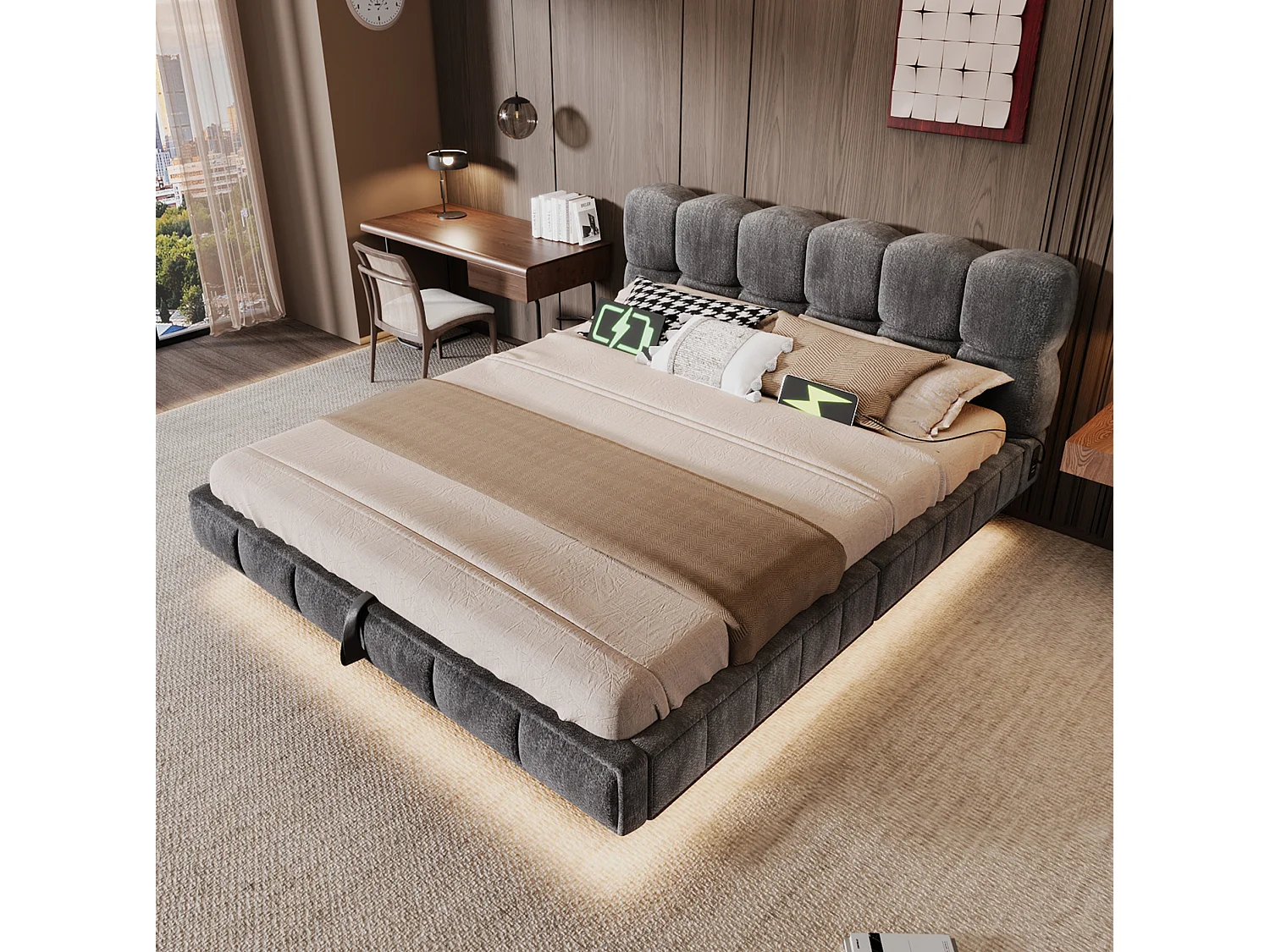 Lit coffre suspendu 140x190 cm en chenille gris avec rangement hydraulique, LED, ports USB et USB-C, sans matelas