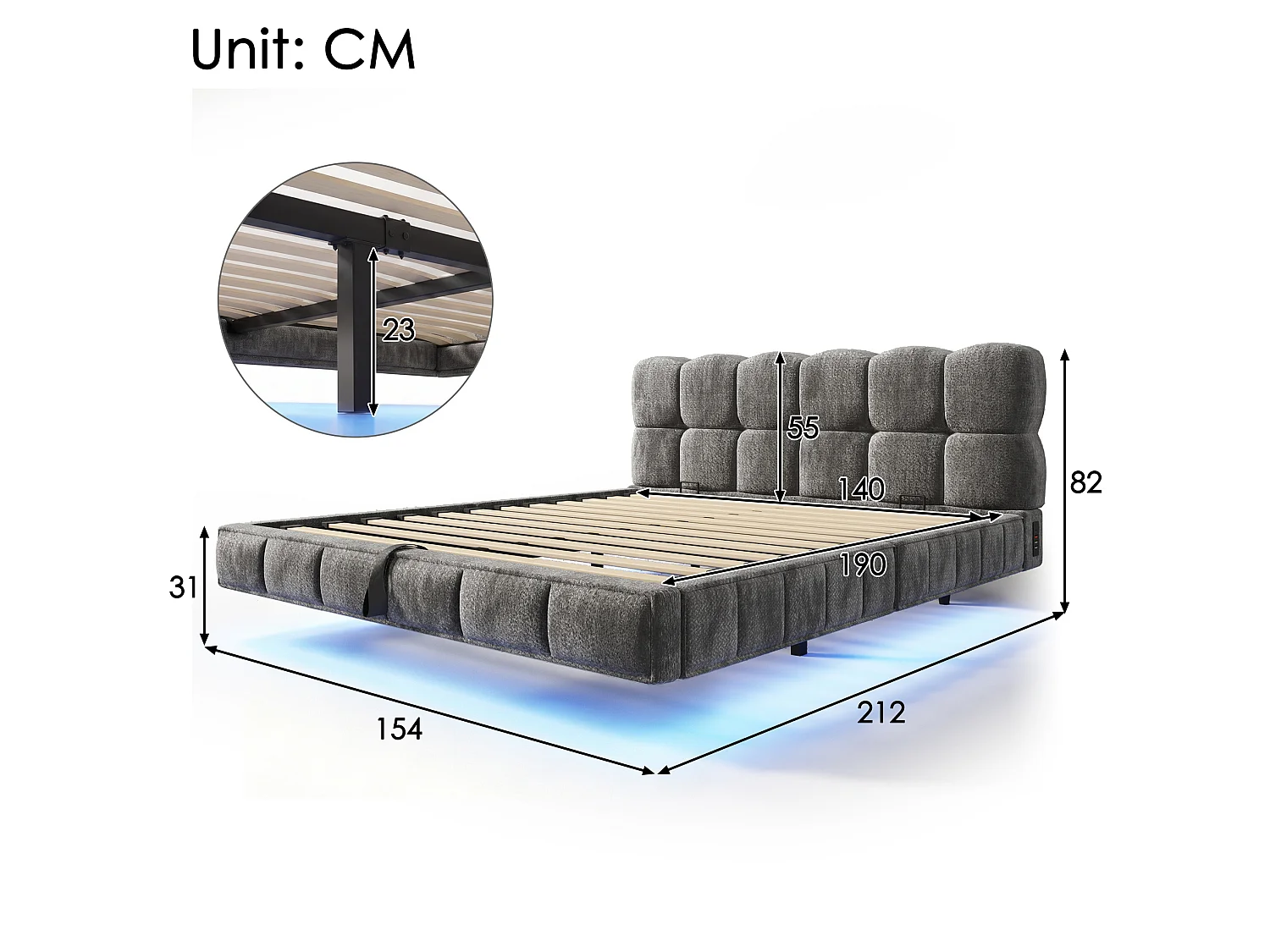 Lit coffre suspendu 140x190 cm en chenille gris avec rangement hydraulique, LED, ports USB et USB-C, sans matelas