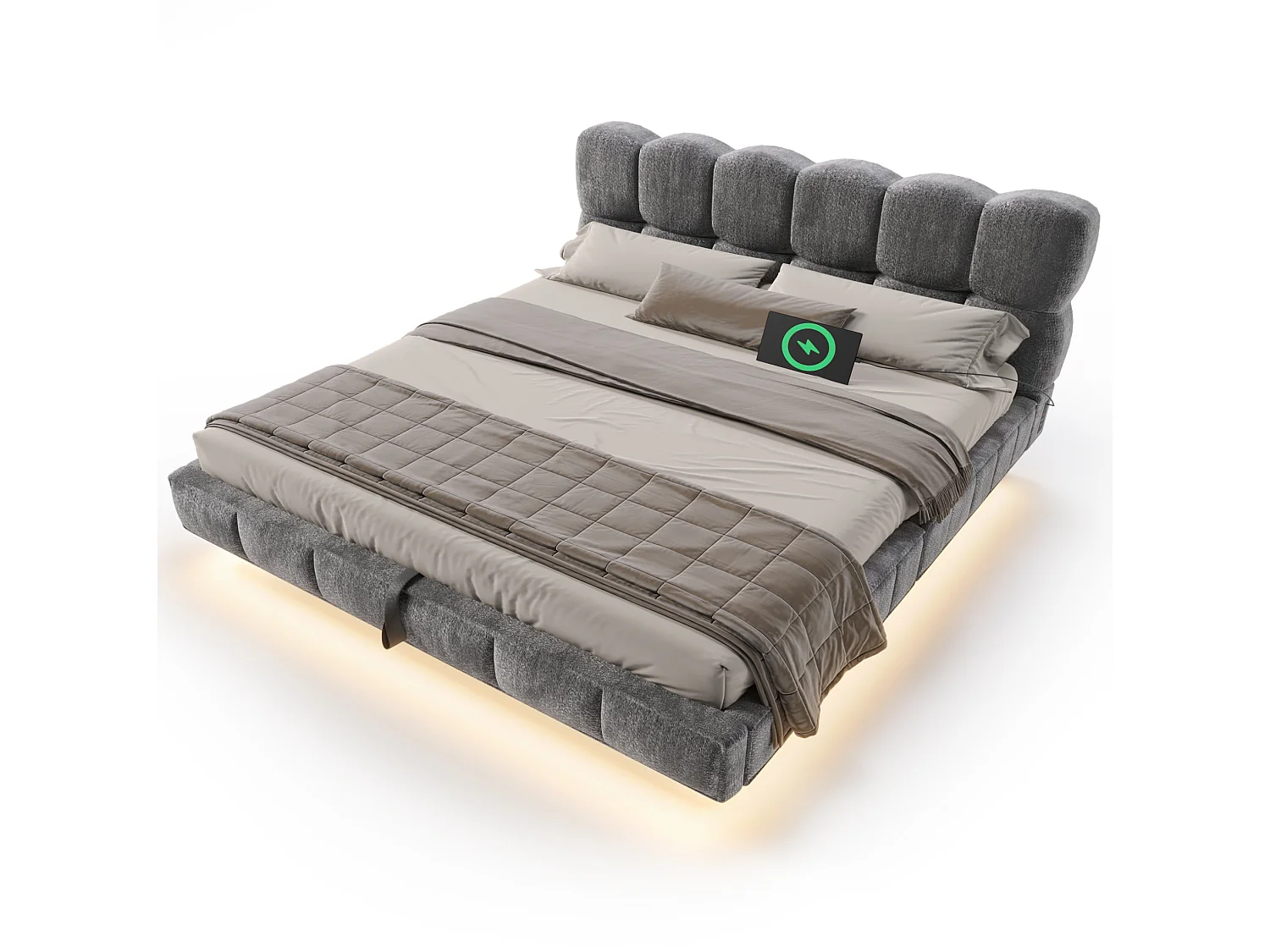 Lit coffre suspendu 140x190 cm en chenille gris avec rangement hydraulique, LED, ports USB et USB-C, sans matelas