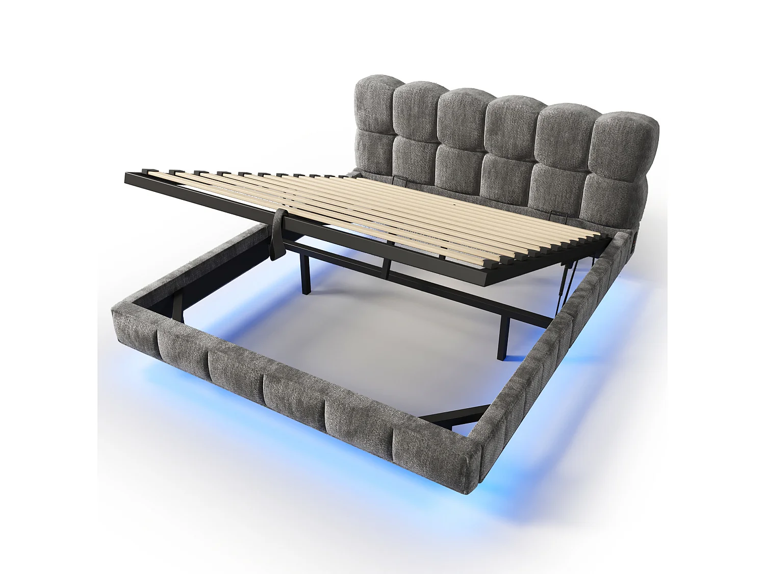 Lit coffre suspendu 140x190 cm en chenille gris avec rangement hydraulique, LED, ports USB et USB-C, sans matelas