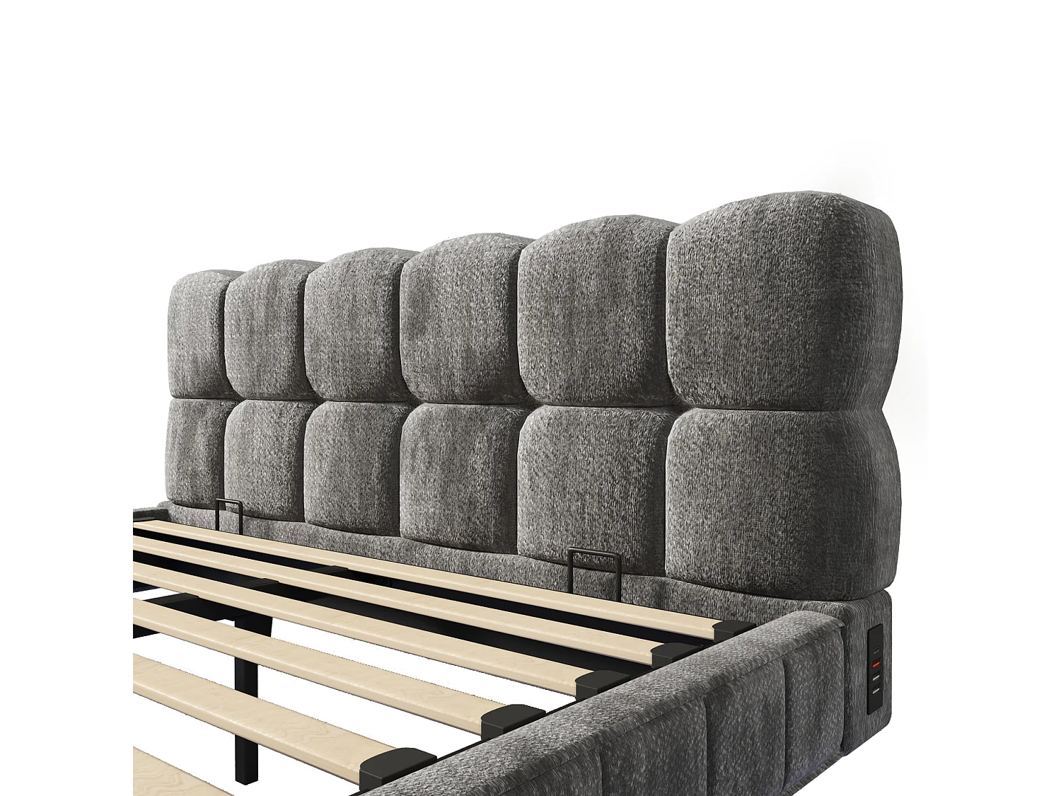 Lit coffre suspendu 140x190 cm en chenille gris avec rangement hydraulique, LED, ports USB et USB-C, sans matelas