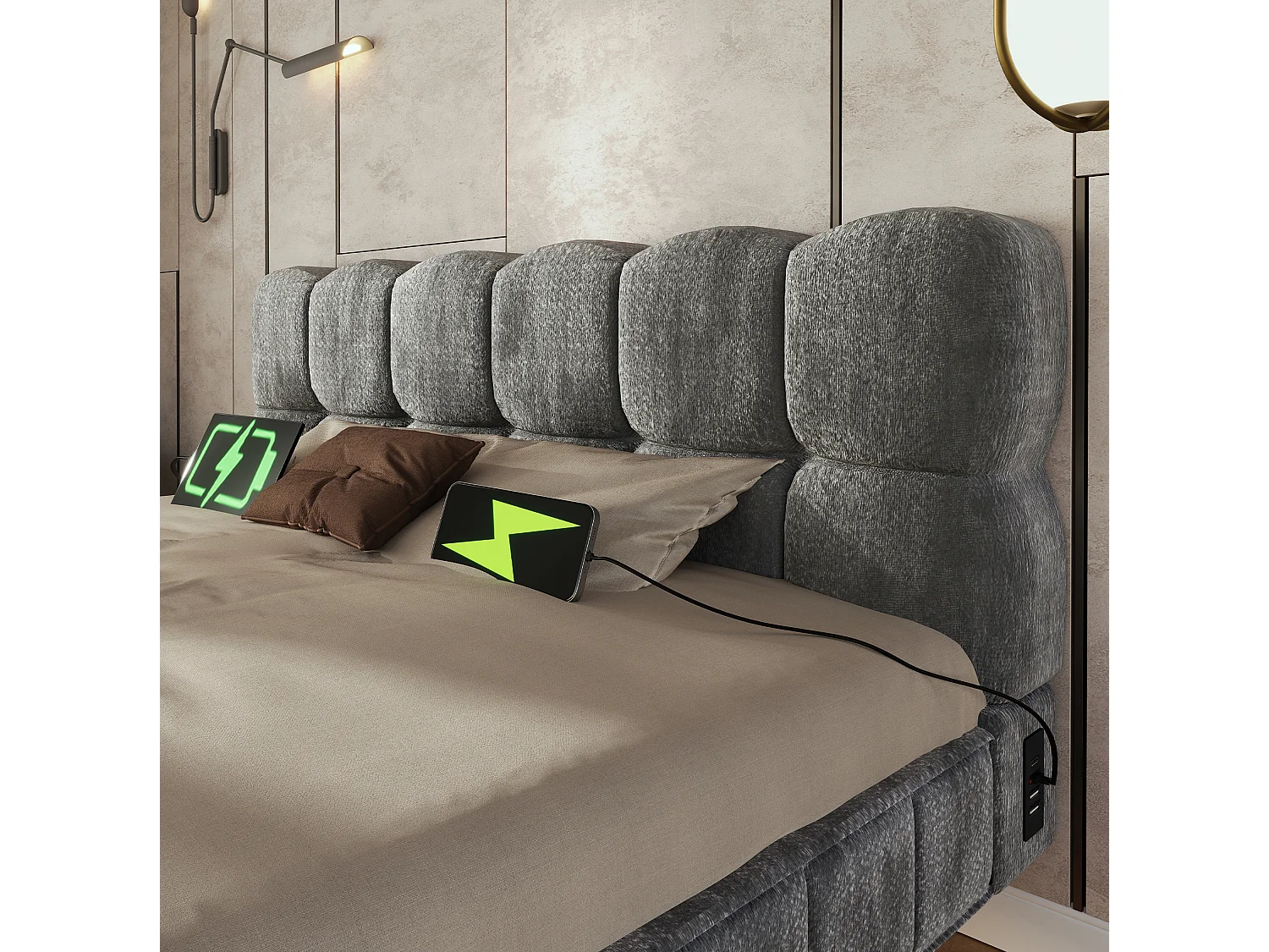 Lit coffre suspendu 140x190 cm en chenille gris avec rangement hydraulique, LED, ports USB et USB-C, sans matelas