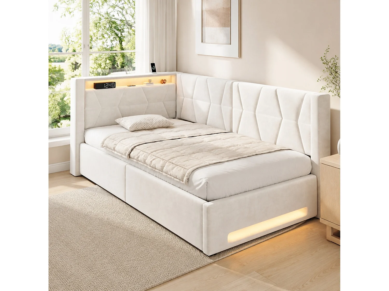 Bettkastenbett 90x200 cm aus beigem Velours, LED-Kopfteil mit USB- und USB-C-Anschlüssen, Lattenrost, ohne Matratze