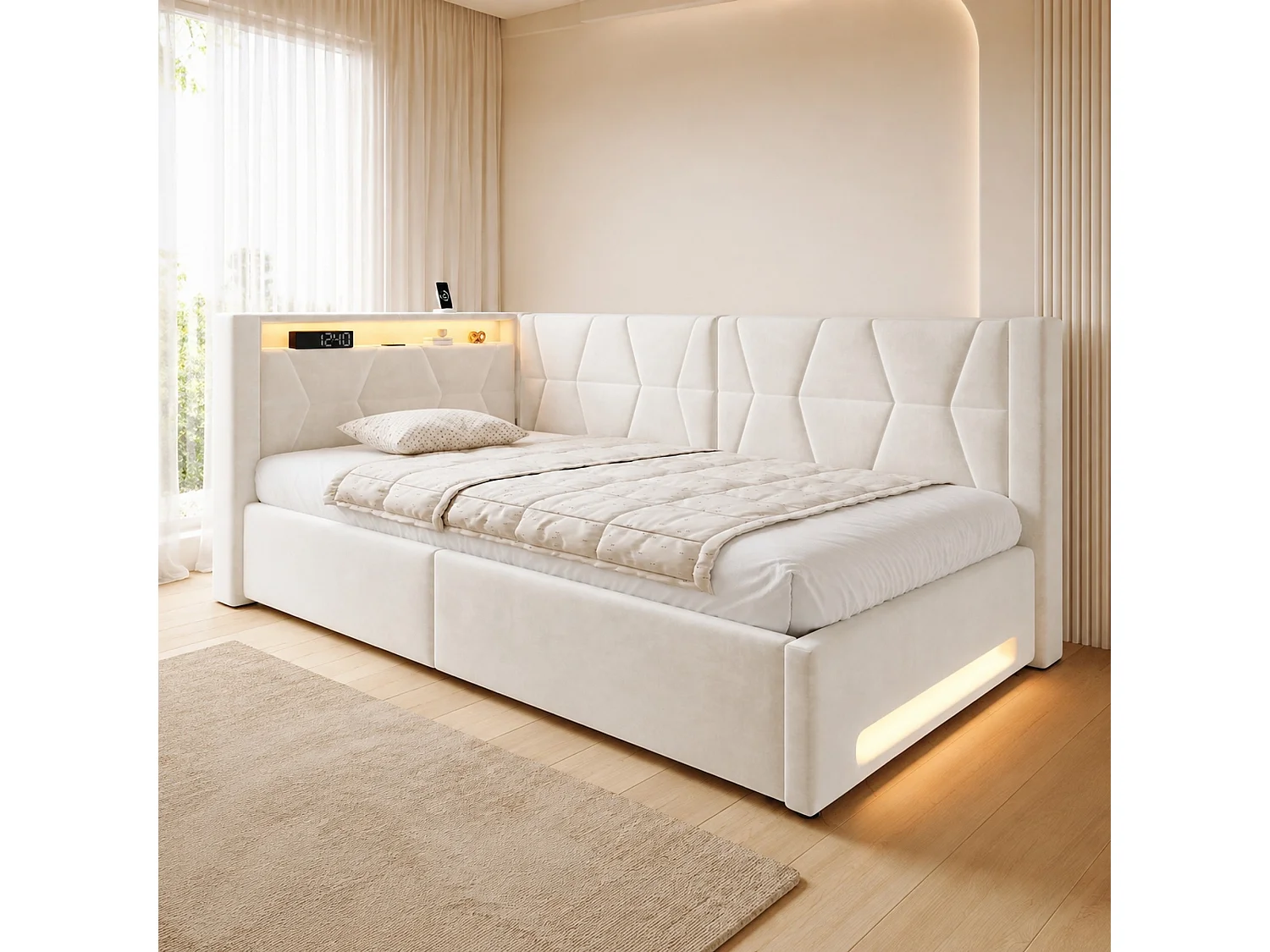 Bettkastenbett 90x200 cm aus beigem Velours, LED-Kopfteil mit USB- und USB-C-Anschlüssen, Lattenrost, ohne Matratze