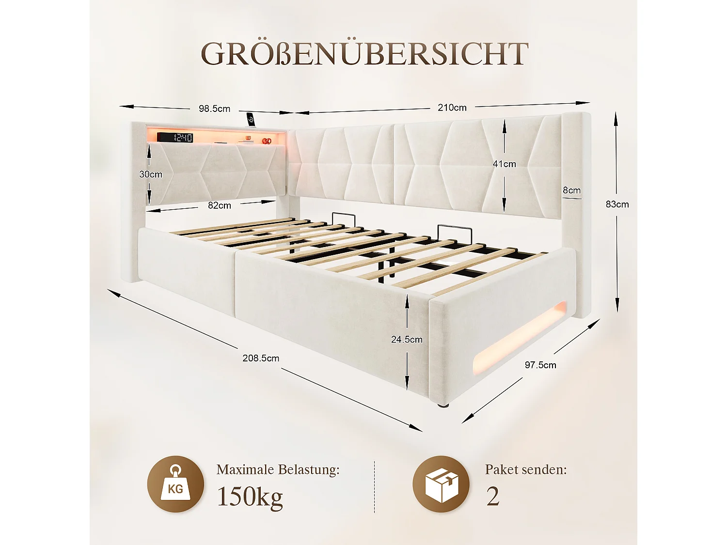 Bettkastenbett 90x200 cm aus beigem Velours, LED-Kopfteil mit USB- und USB-C-Anschlüssen, Lattenrost, ohne Matratze