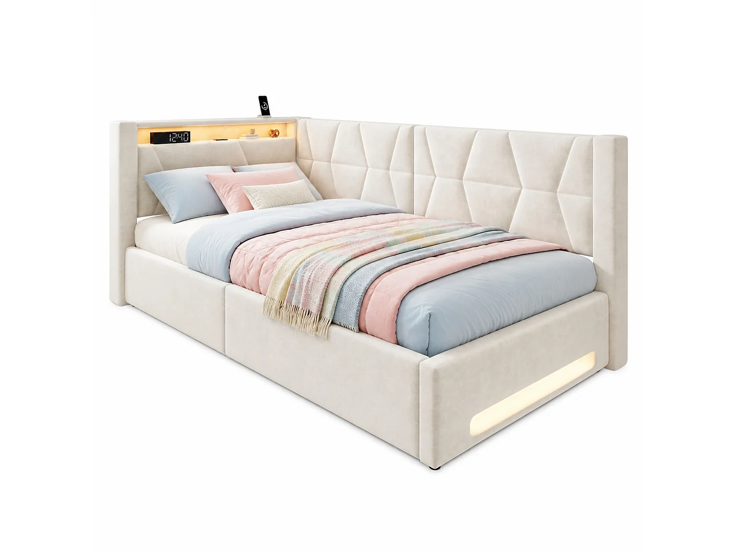 Bettkastenbett 90x200 cm aus beigem Velours, LED-Kopfteil mit USB- und USB-C-Anschlüssen, Lattenrost, ohne Matratze