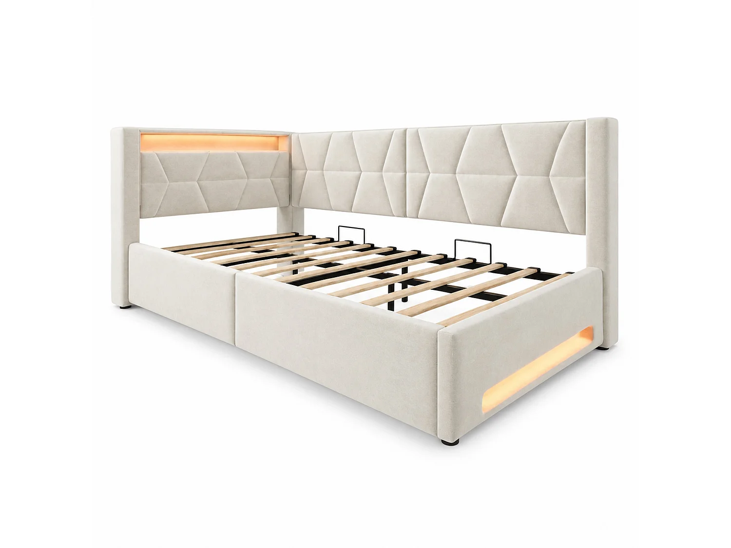 Bettkastenbett 90x200 cm aus beigem Velours, LED-Kopfteil mit USB- und USB-C-Anschlüssen, Lattenrost, ohne Matratze