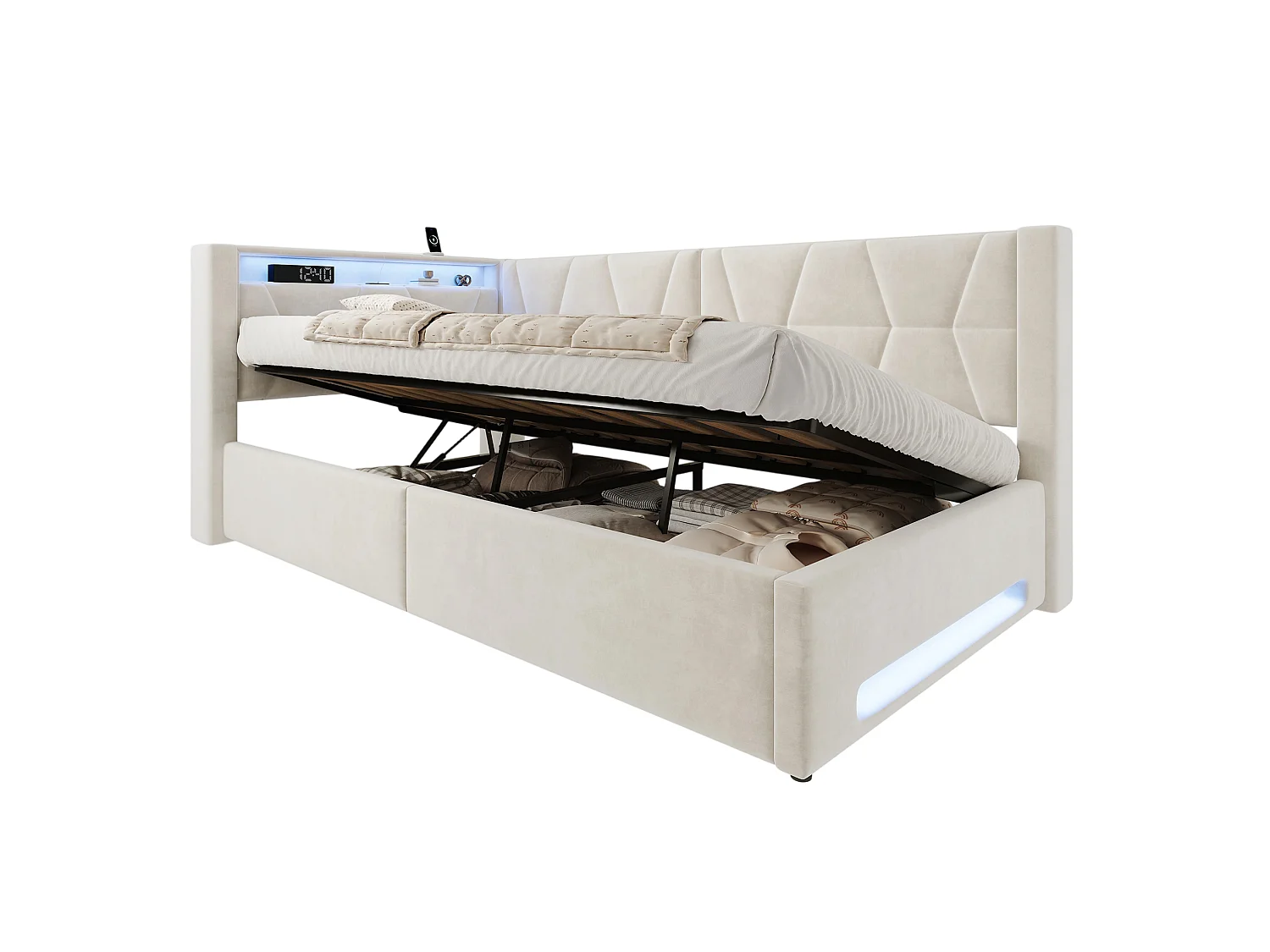 Bettkastenbett 90x200 cm aus beigem Velours, LED-Kopfteil mit USB- und USB-C-Anschlüssen, Lattenrost, ohne Matratze