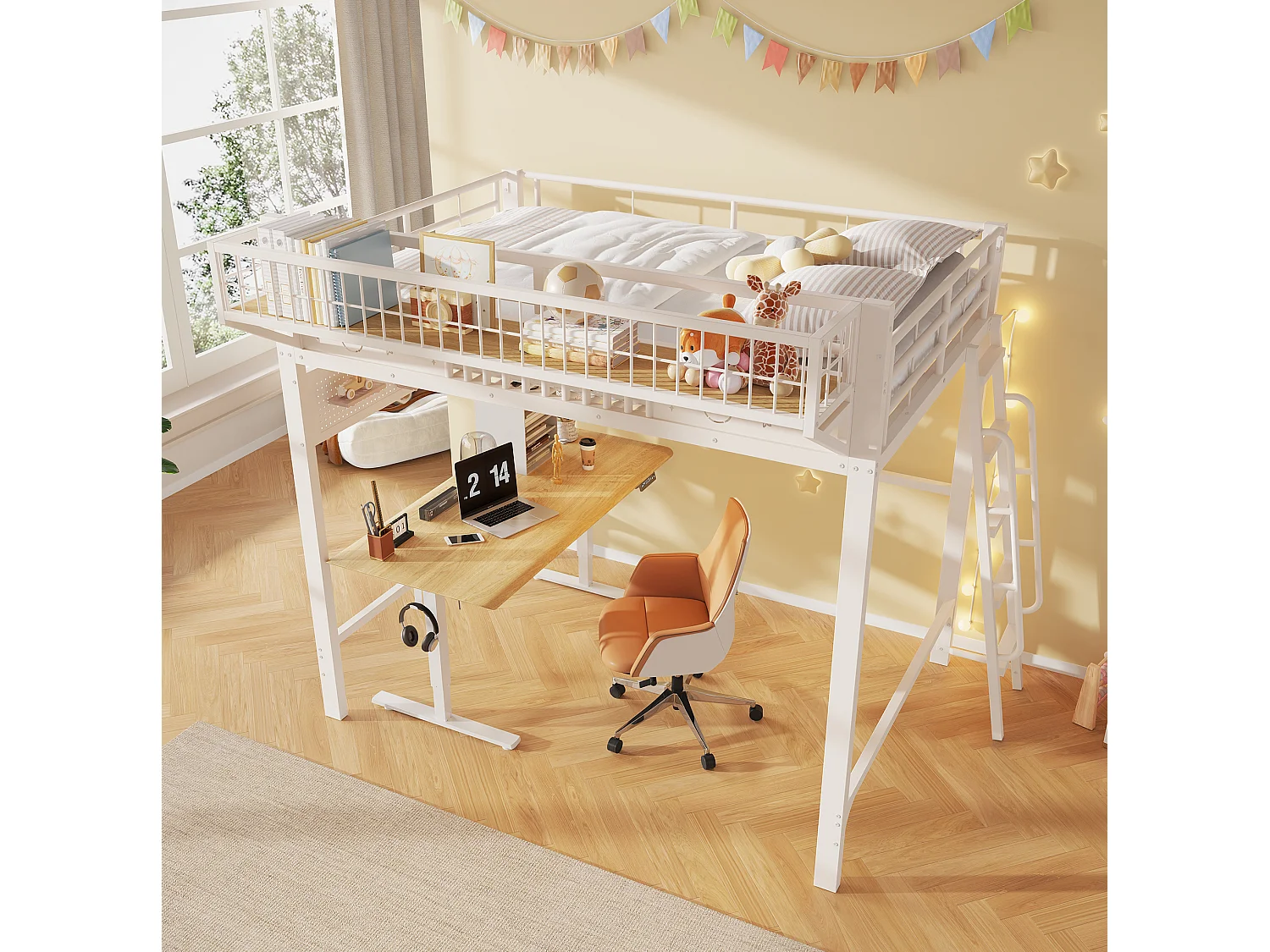 Hochbett 140x200 cm weißes Metall, Stauraum, offener Bereich, umkehrbare Treppe, ohne Matratze