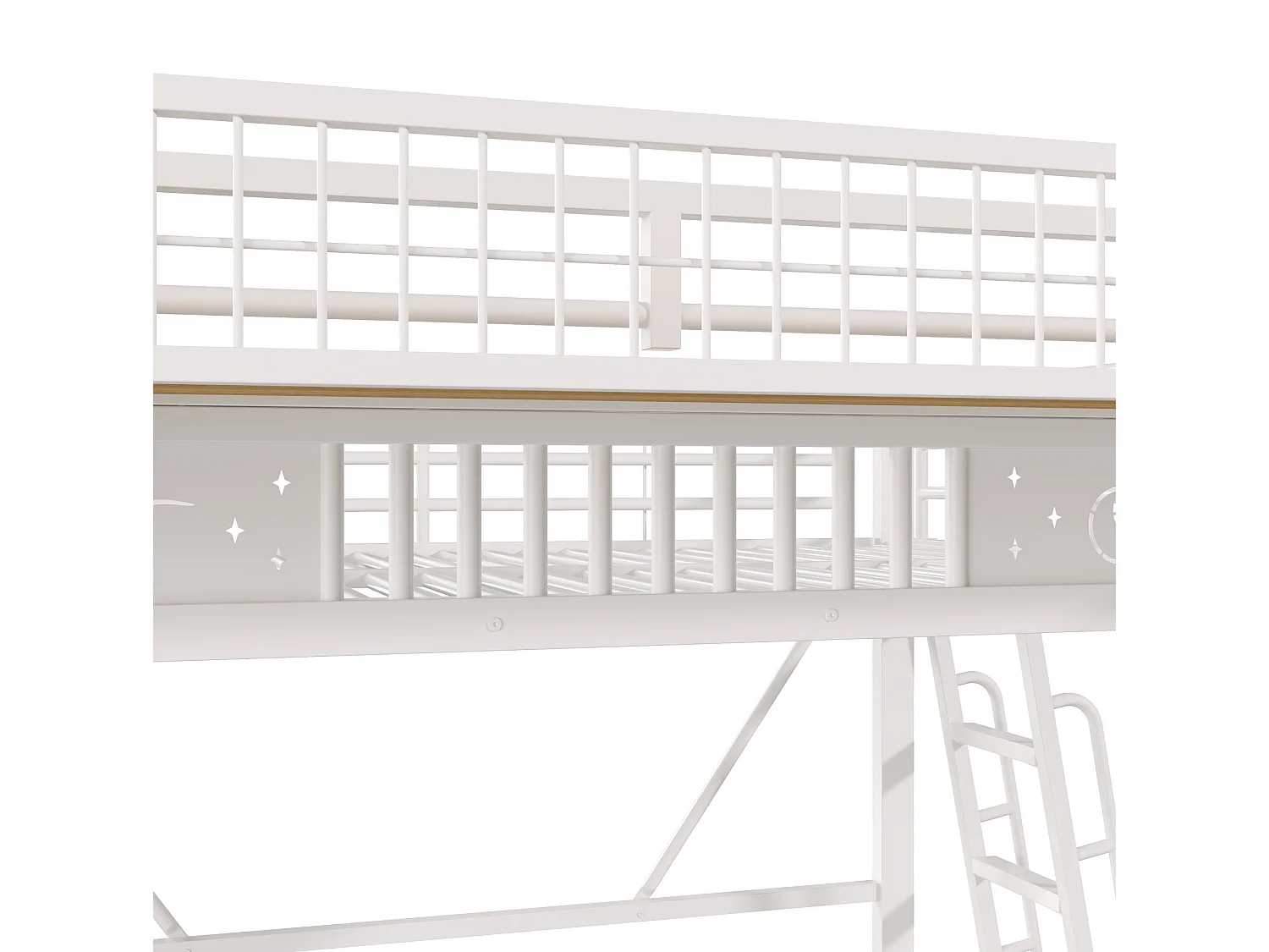Hochbett 140x200 cm weißes Metall, Stauraum, offener Bereich, umkehrbare Treppe, ohne Matratze