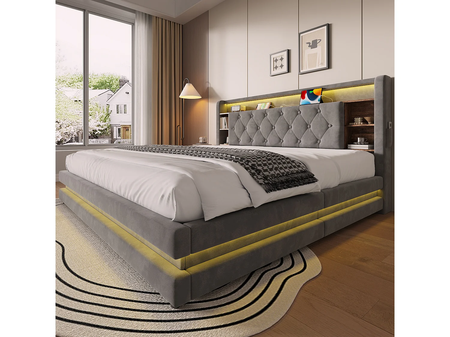 Letto contenitore 180x200 cm in velluto grigio scuro, testiera LED con porte USB, scaffali aperti, materasso non incluso