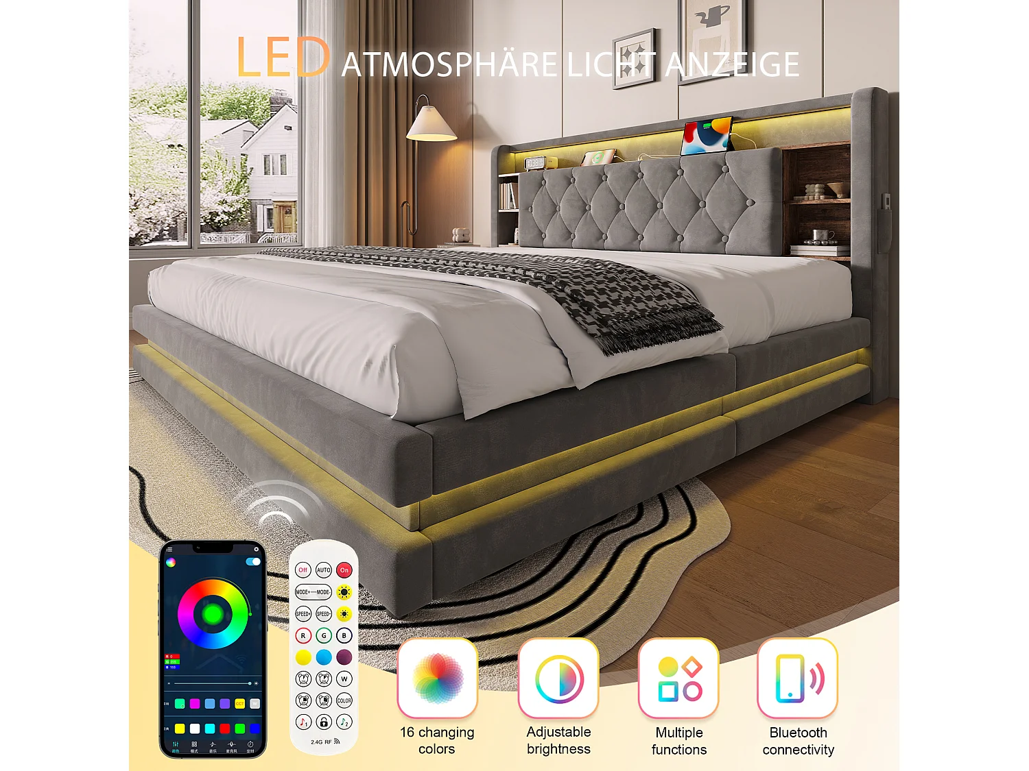Letto contenitore 180x200 cm in velluto grigio scuro, testiera LED con porte USB, scaffali aperti, materasso non incluso