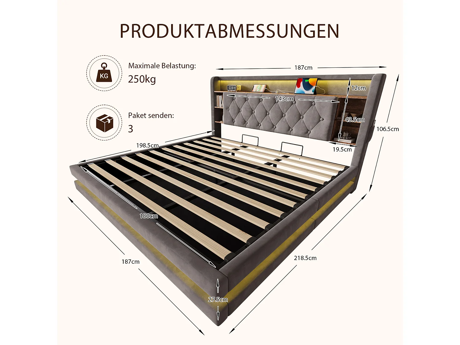 Letto contenitore 180x200 cm in velluto grigio scuro, testiera LED con porte USB, scaffali aperti, materasso non incluso