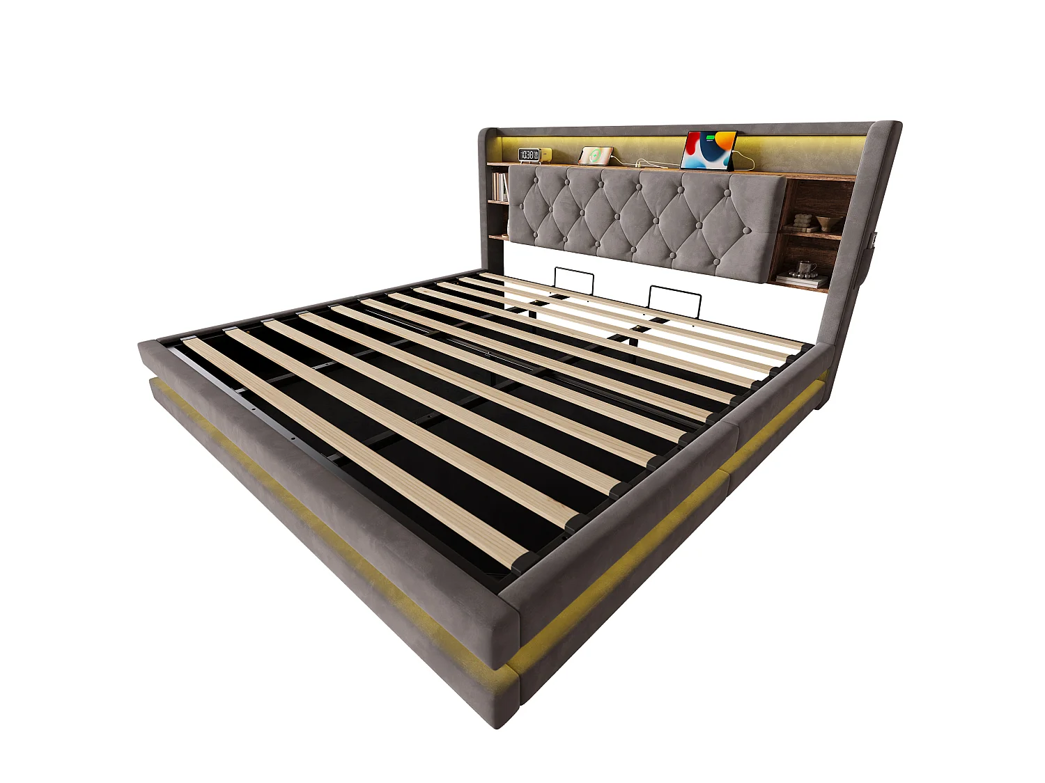 Letto contenitore 180x200 cm in velluto grigio scuro, testiera LED con porte USB, scaffali aperti, materasso non incluso